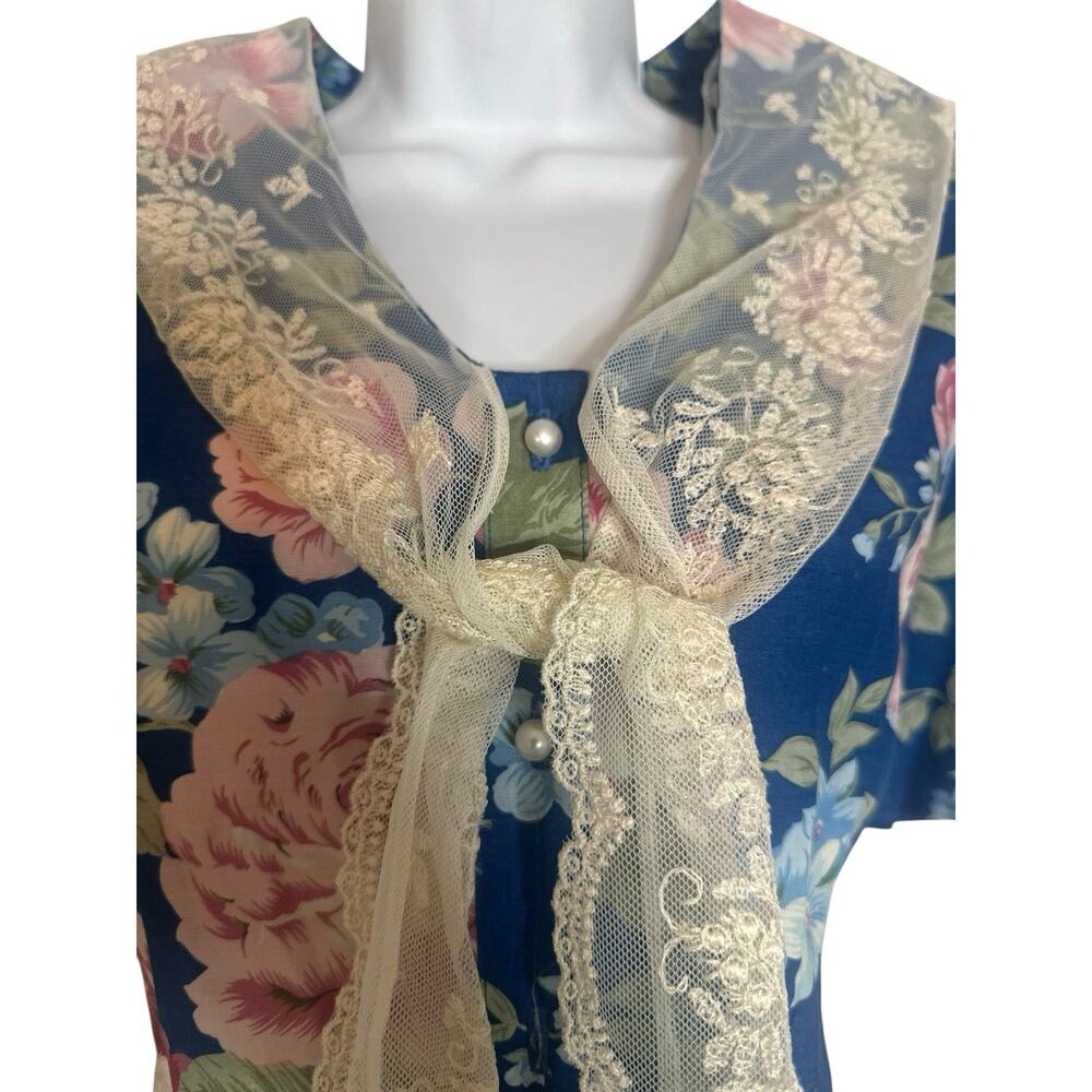 VTG 90s Karen Stevens Romantic Floral Midi Dress Lace Tie Sailor Collar Modest M - Picture 4 of 16